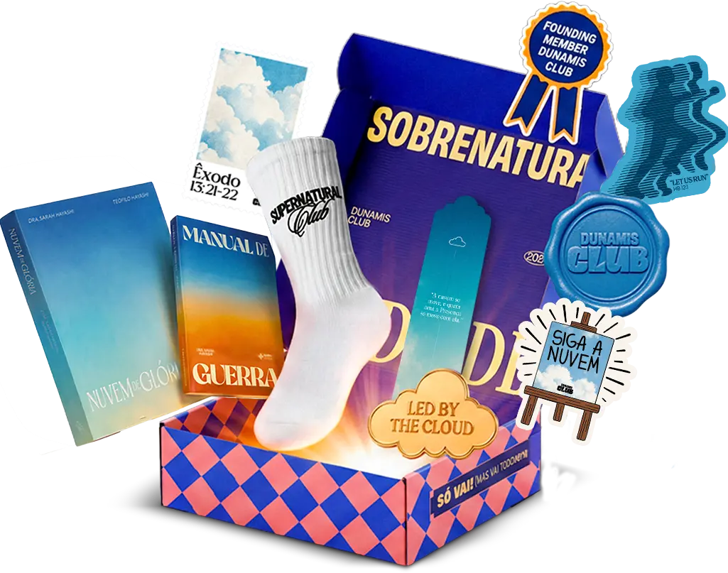 Box do Dunamis Club+ aberta com livros e itens da edição