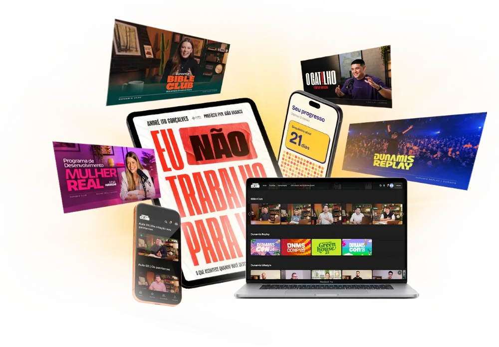 Cursos do Dunamis Club no tablet, no celular e no notebook
